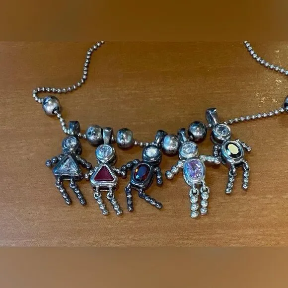 Sterling Silver 925 Ball Chain Necklace 5 Children Charms Multicolor Stones